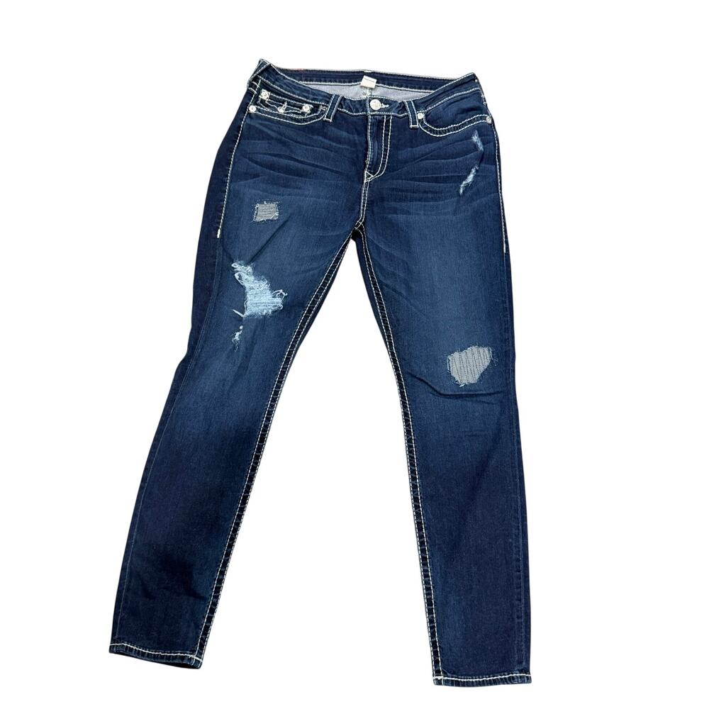 True Religion Curvy Skinny Jeans 34 Flap Pocket Big T Distressed Dark Wash Women
